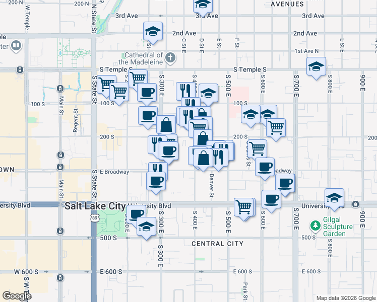 map of restaurants, bars, coffee shops, grocery stores, and more near 370 East 200 South in Salt Lake City