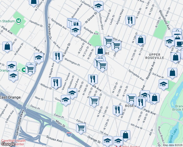 map of restaurants, bars, coffee shops, grocery stores, and more near 169 North 18th Street in East Orange