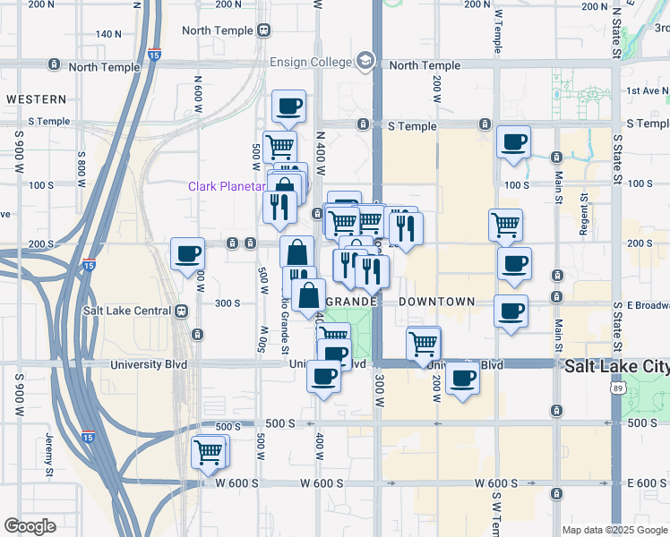 map of restaurants, bars, coffee shops, grocery stores, and more near 350 Pierpont Avenue in Salt Lake City