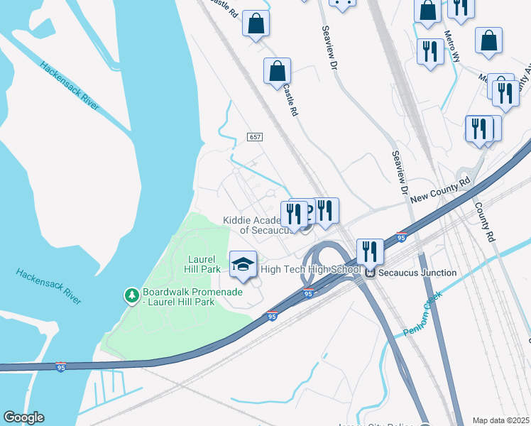 map of restaurants, bars, coffee shops, grocery stores, and more near 5366 Riverside Station Boulevard in Secaucus