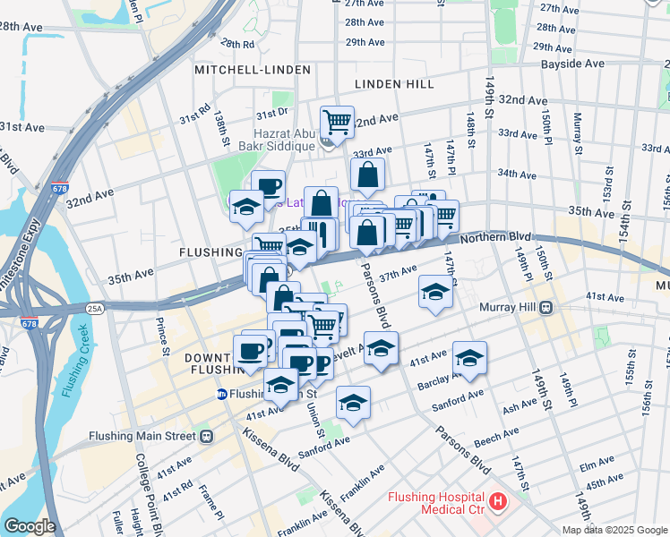 map of restaurants, bars, coffee shops, grocery stores, and more near 141-40 Northern Boulevard in Queens
