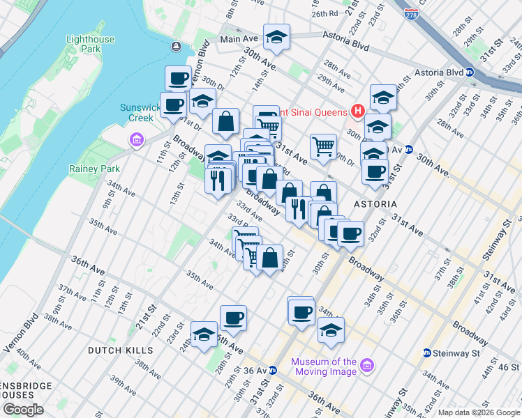 map of restaurants, bars, coffee shops, grocery stores, and more near 3211 23rd Street in Queens