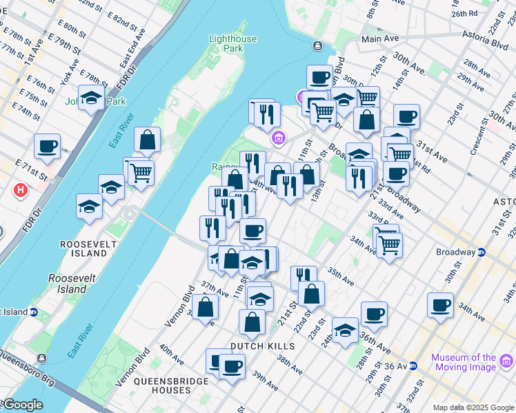 map of restaurants, bars, coffee shops, grocery stores, and more near 34-30 10th Street in Queens