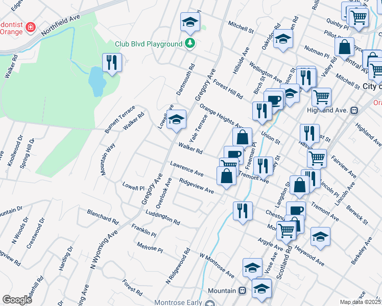 map of restaurants, bars, coffee shops, grocery stores, and more near 74 Walker Road in West Orange