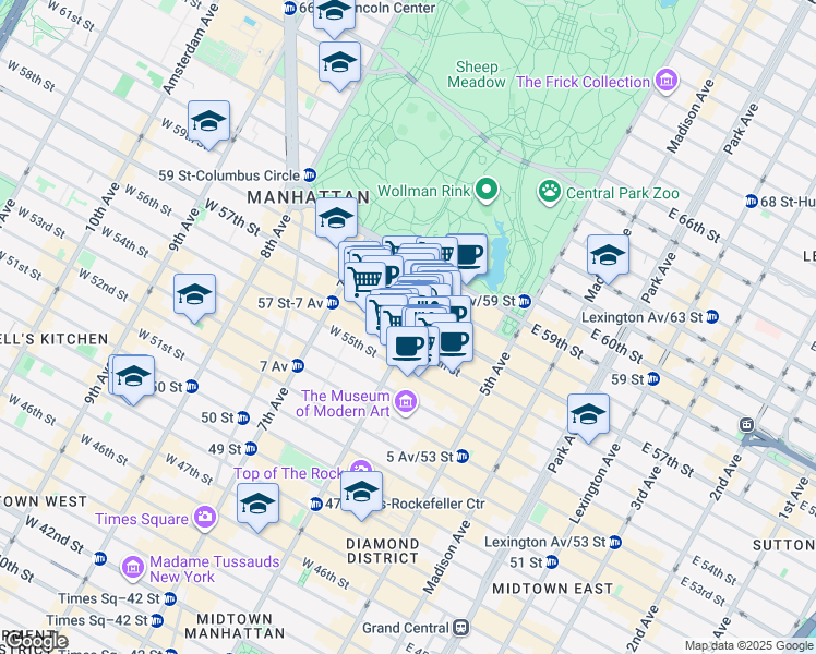 map of restaurants, bars, coffee shops, grocery stores, and more near 100 West 57th Street in New York