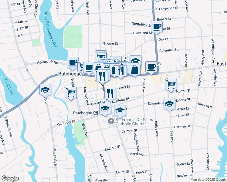 map of restaurants, bars, coffee shops, grocery stores, and more near 20 Terry Street in Patchogue