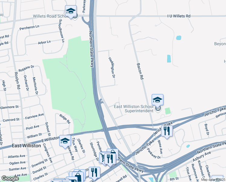 map of restaurants, bars, coffee shops, grocery stores, and more near 6 Tredwell Drive in Old Westbury