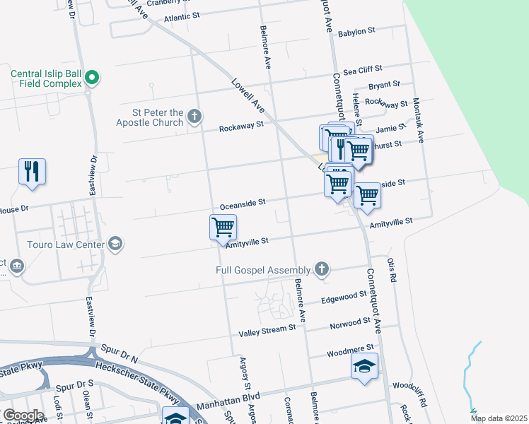map of restaurants, bars, coffee shops, grocery stores, and more near 170 Oceanside Street in Islip Terrace