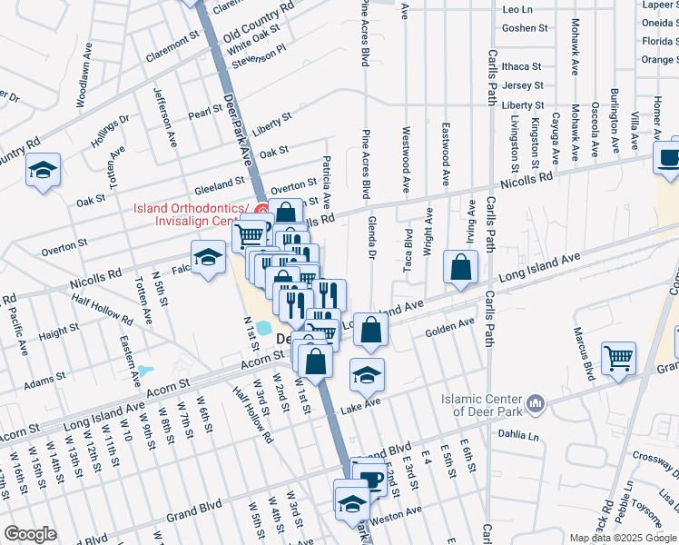 map of restaurants, bars, coffee shops, grocery stores, and more near 50 Maple Drive in Deer Park