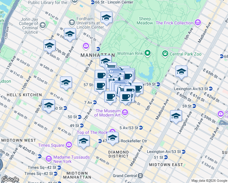 map of restaurants, bars, coffee shops, grocery stores, and more near 117 West 56th Street in New York