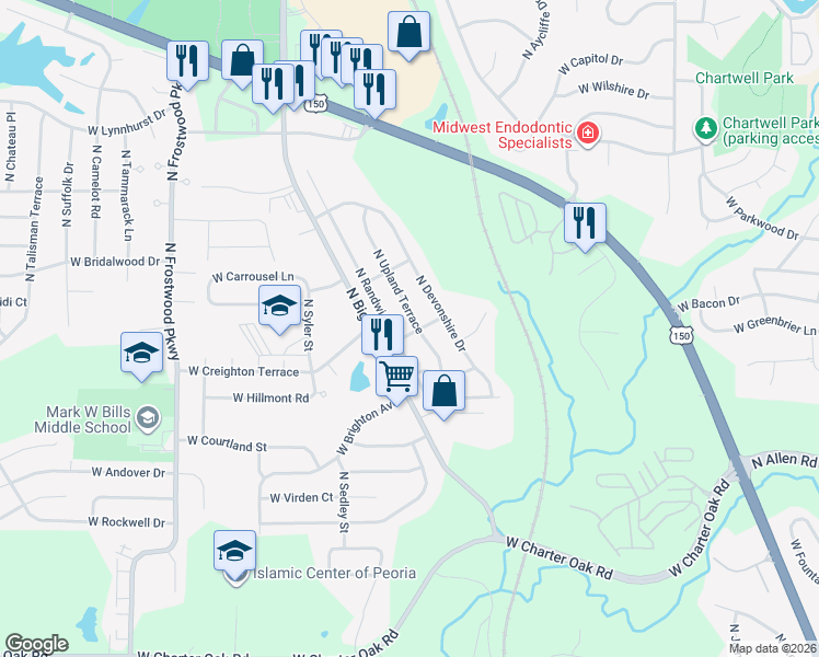 map of restaurants, bars, coffee shops, grocery stores, and more near 6301 North Upland Terrace in Peoria