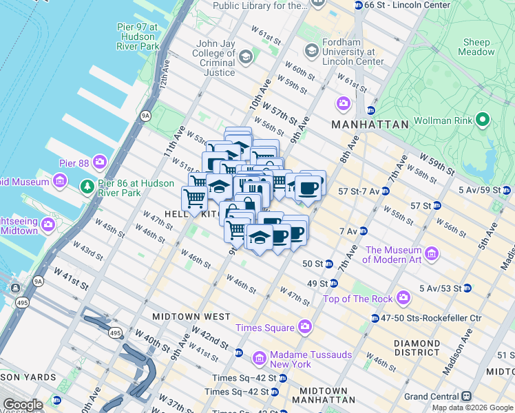 map of restaurants, bars, coffee shops, grocery stores, and more near 9th Ave & W 51st St in New York
