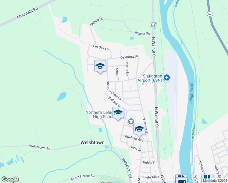 map of restaurants, bars, coffee shops, grocery stores, and more near 1057 Arbor Lane in Slatington