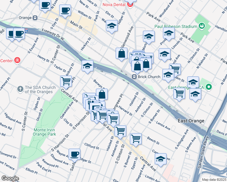 map of restaurants, bars, coffee shops, grocery stores, and more near 106 South Harrison Street in East Orange
