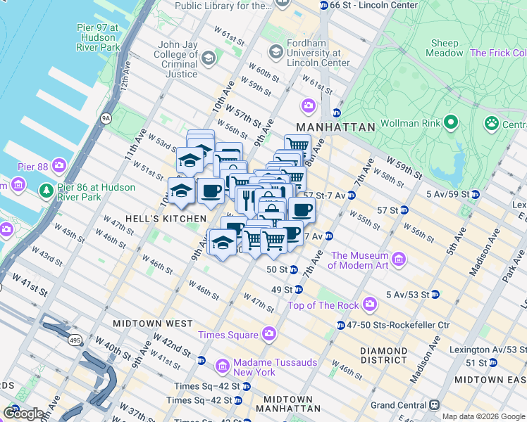 map of restaurants, bars, coffee shops, grocery stores, and more near 329 West 51st Street in New York