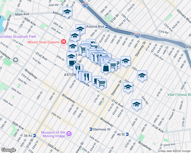 map of restaurants, bars, coffee shops, grocery stores, and more near 30-65 34th Street in Queens