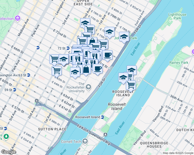 map of restaurants, bars, coffee shops, grocery stores, and more near 521 E 68th St in New York