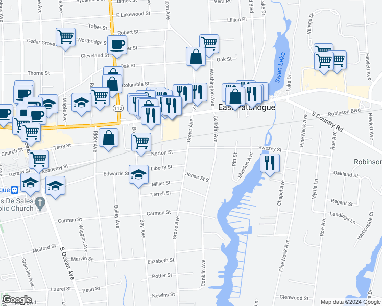 map of restaurants, bars, coffee shops, grocery stores, and more near 53 Grove Avenue in Patchogue