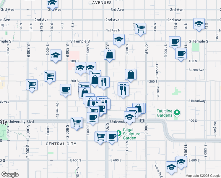 map of restaurants, bars, coffee shops, grocery stores, and more near 732 East 200 South in Salt Lake City