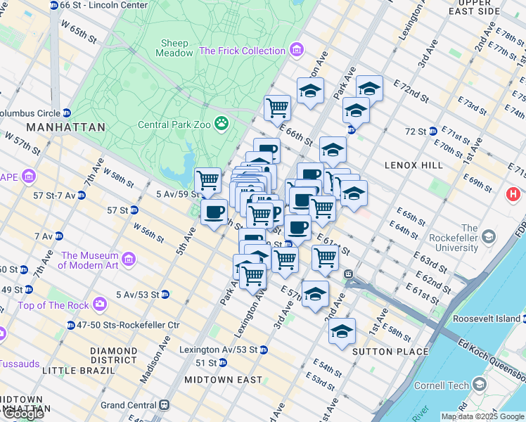 map of restaurants, bars, coffee shops, grocery stores, and more near 530 Park Avenue in New York