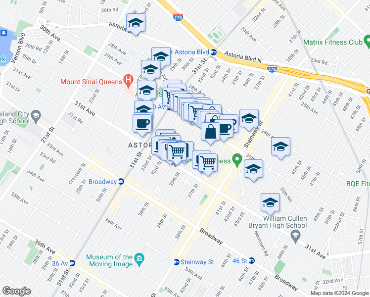 map of restaurants, bars, coffee shops, grocery stores, and more near 30-61 34th Street in Queens