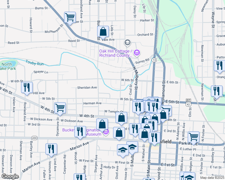 map of restaurants, bars, coffee shops, grocery stores, and more near 150 West 5th Street in Mansfield