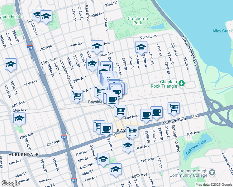 map of restaurants, bars, coffee shops, grocery stores, and more near 40-10 214th Place in Queens