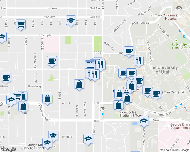 map of restaurants, bars, coffee shops, grocery stores, and more near 231 S 1300 E in Salt Lake City