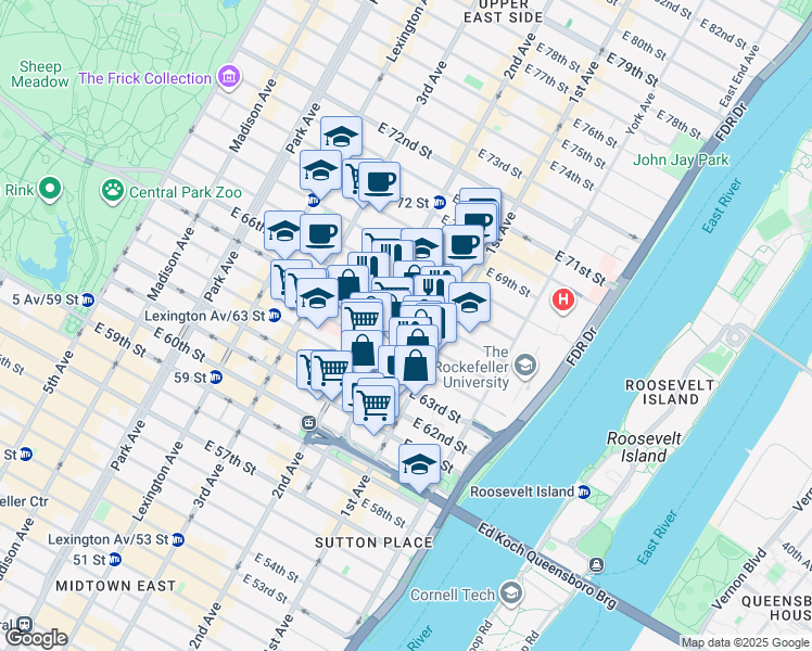 map of restaurants, bars, coffee shops, grocery stores, and more near 323 East 65th Street in New York