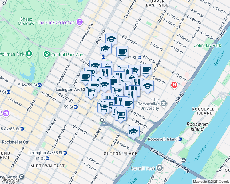 map of restaurants, bars, coffee shops, grocery stores, and more near 237 East 64th Street in New York
