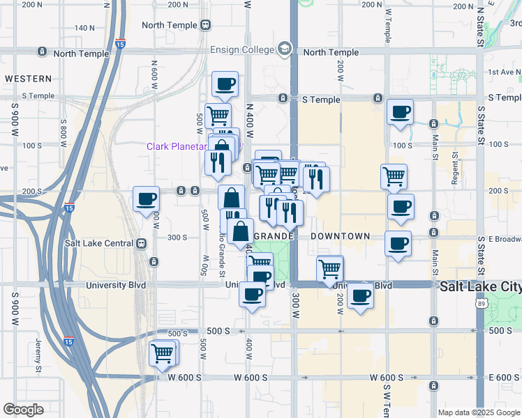 map of restaurants, bars, coffee shops, grocery stores, and more near 346 Pierpont Avenue in Salt Lake City
