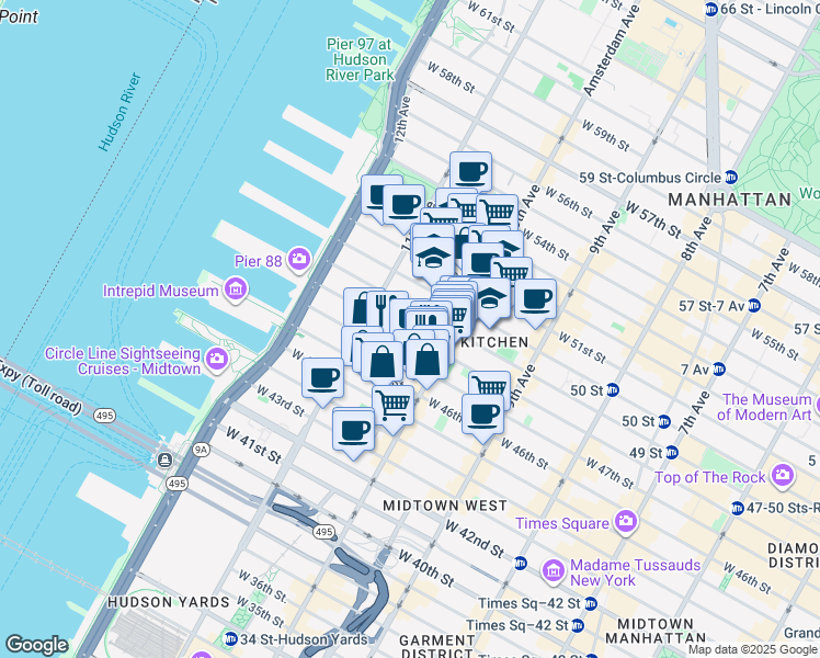map of restaurants, bars, coffee shops, grocery stores, and more near 515 West 48th Street in New York