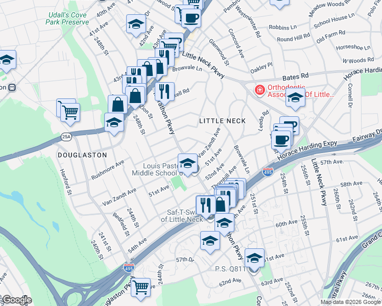 map of restaurants, bars, coffee shops, grocery stores, and more near 249-11 Van Zandt Avenue in Queens