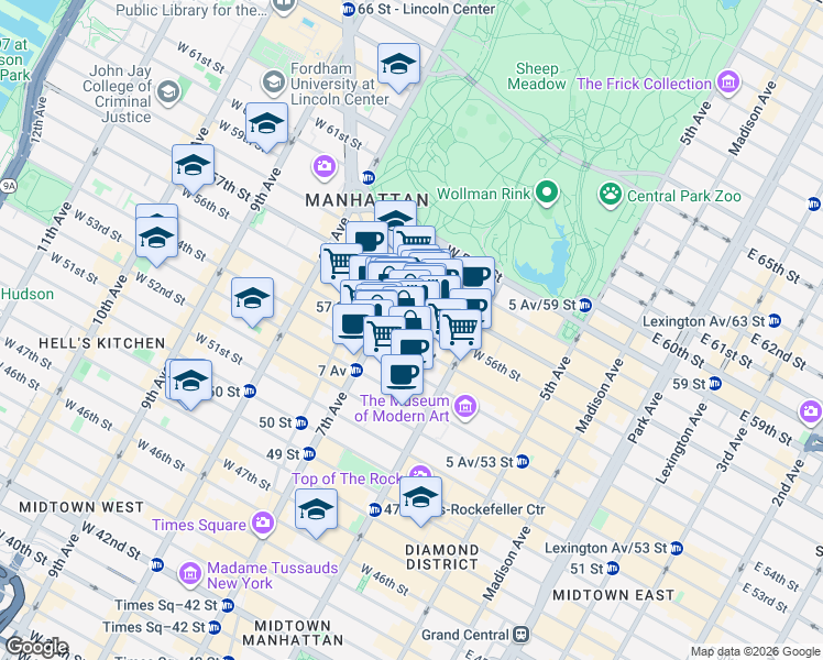 map of restaurants, bars, coffee shops, grocery stores, and more near 877 7th Avenue in New York