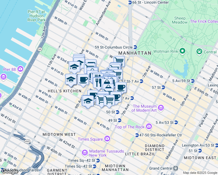 map of restaurants, bars, coffee shops, grocery stores, and more near 871 8th Avenue in New York