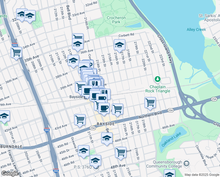 map of restaurants, bars, coffee shops, grocery stores, and more near 215th Street in Queens