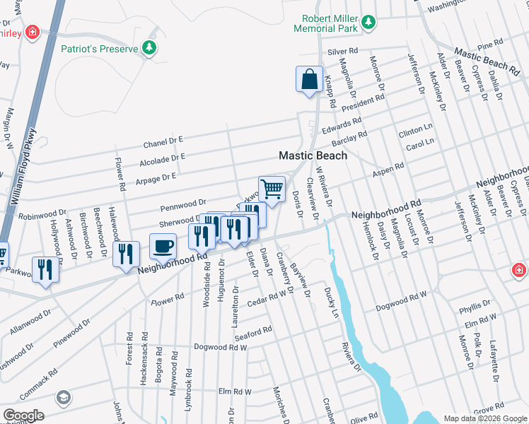 map of restaurants, bars, coffee shops, grocery stores, and more near 40 Commack Road in Mastic Beach