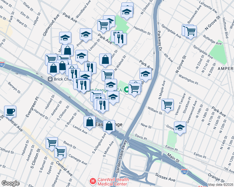 map of restaurants, bars, coffee shops, grocery stores, and more near 351 William Street in East Orange
