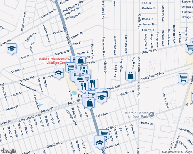 map of restaurants, bars, coffee shops, grocery stores, and more near 50 Maple Drive in Deer Park
