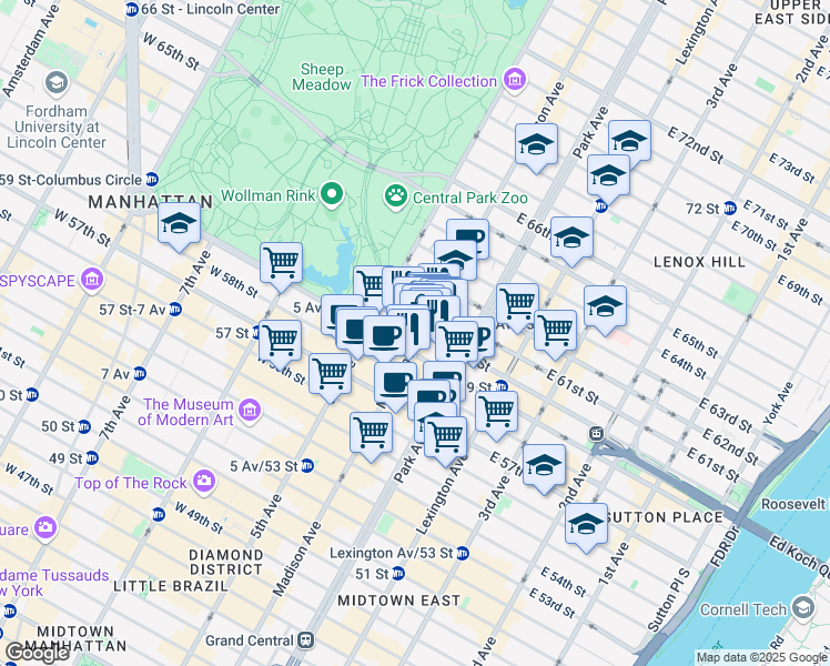 map of restaurants, bars, coffee shops, grocery stores, and more near 650 Madison Avenue in New York