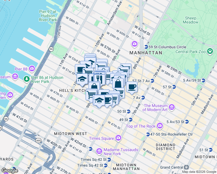 map of restaurants, bars, coffee shops, grocery stores, and more near 352 West 52nd Street in New York