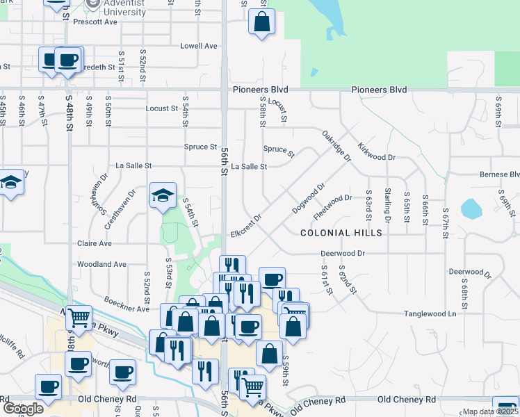 map of restaurants, bars, coffee shops, grocery stores, and more near 5716 Elkcrest Drive in Lincoln