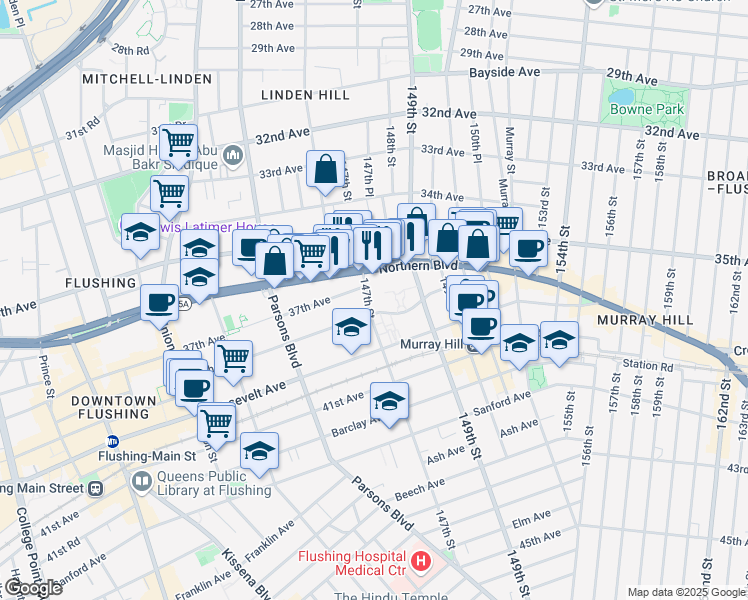 map of restaurants, bars, coffee shops, grocery stores, and more near 37-47 147th Street in Queens