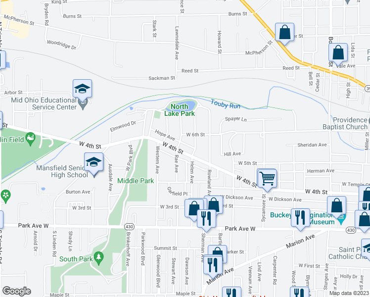map of restaurants, bars, coffee shops, grocery stores, and more near 574 West 4th Street in Mansfield