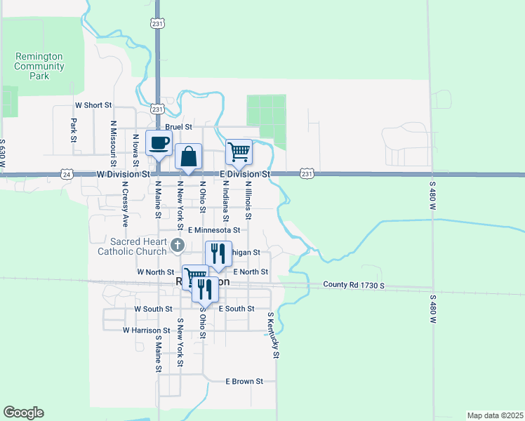 map of restaurants, bars, coffee shops, grocery stores, and more near 401 North Illinois Street in Remington