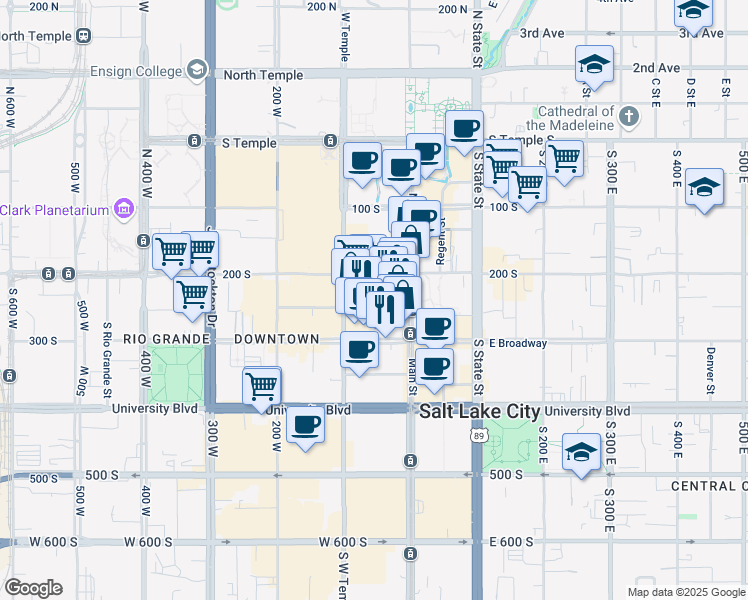 map of restaurants, bars, coffee shops, grocery stores, and more near 48 West Broadway in Salt Lake City