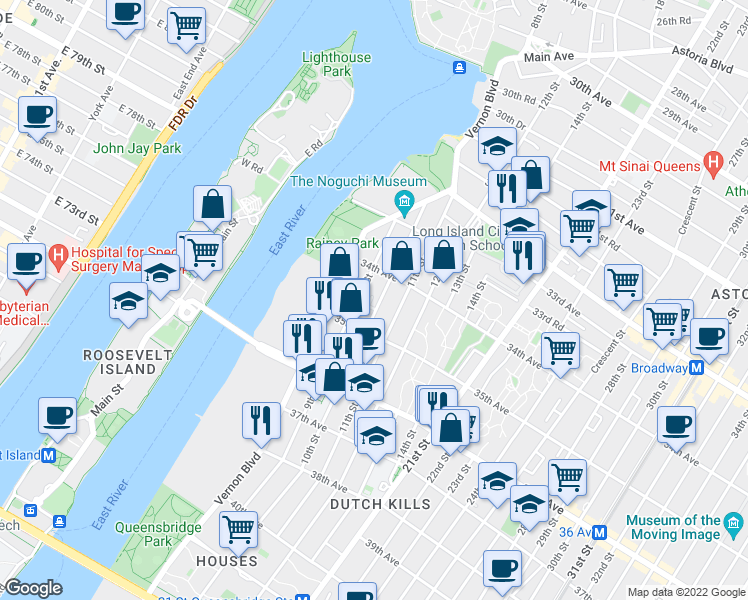 map of restaurants, bars, coffee shops, grocery stores, and more near 34-36 10th Street in Queens