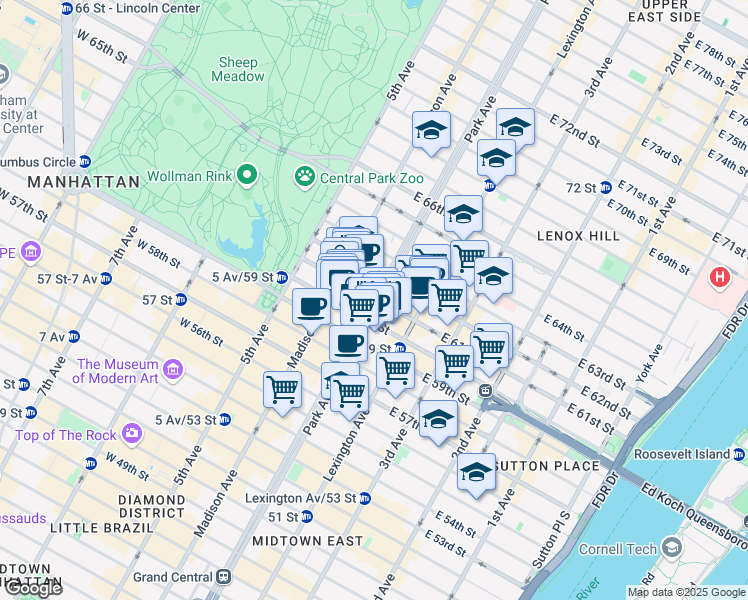 map of restaurants, bars, coffee shops, grocery stores, and more near 536 Park Avenue in New York