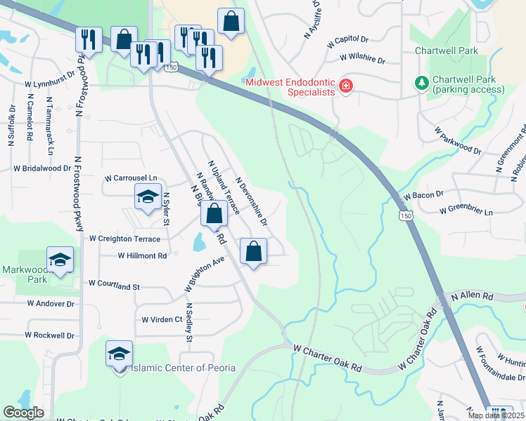 map of restaurants, bars, coffee shops, grocery stores, and more near 6209 North Devonshire Drive in Peoria