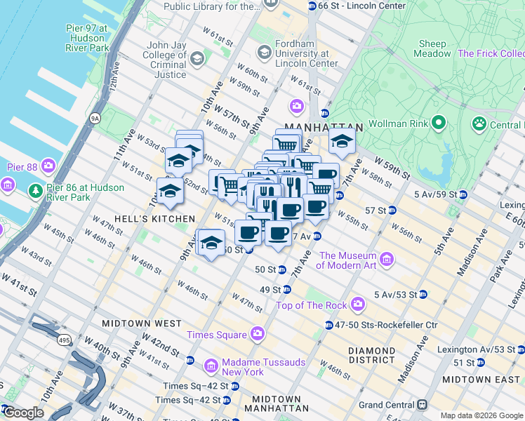 map of restaurants, bars, coffee shops, grocery stores, and more near 300 West 53rd Street in New York